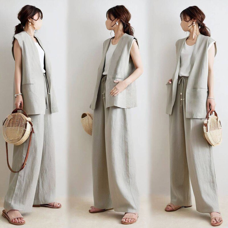 Amazon European and American Style Women's Japanese 2024 Summer New Double-Pocket Vest with Waist Tie Casual Pants Two-Piece Set
