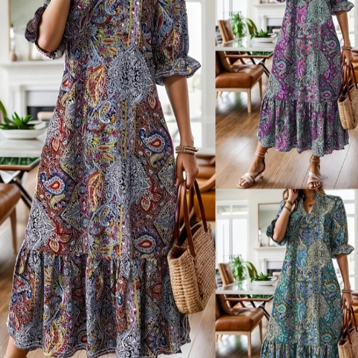 2026 Spring/Summer New European and American Style Amazon Independent Site Wish Cross-Border Printed V-Neck Fashion Dress Women's Clothing