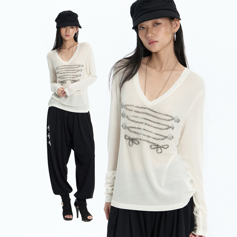 Faychui Tencel Sheep Wool Palace-Style Knotted Distressed Print Long-Sleeve Top Soft and Skin-Friendly High-Elastic T-Shirt
