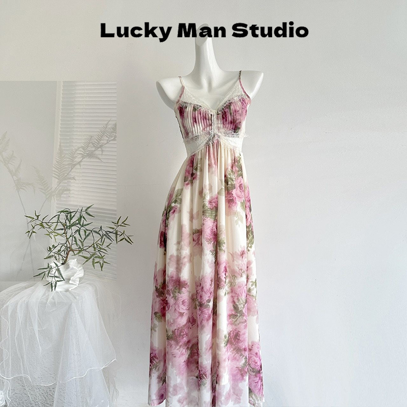 Luckyman Floral V-Neck Tie Backless Spaghetti Strap Dress for Women Spring and Summer Lace Trim Dress