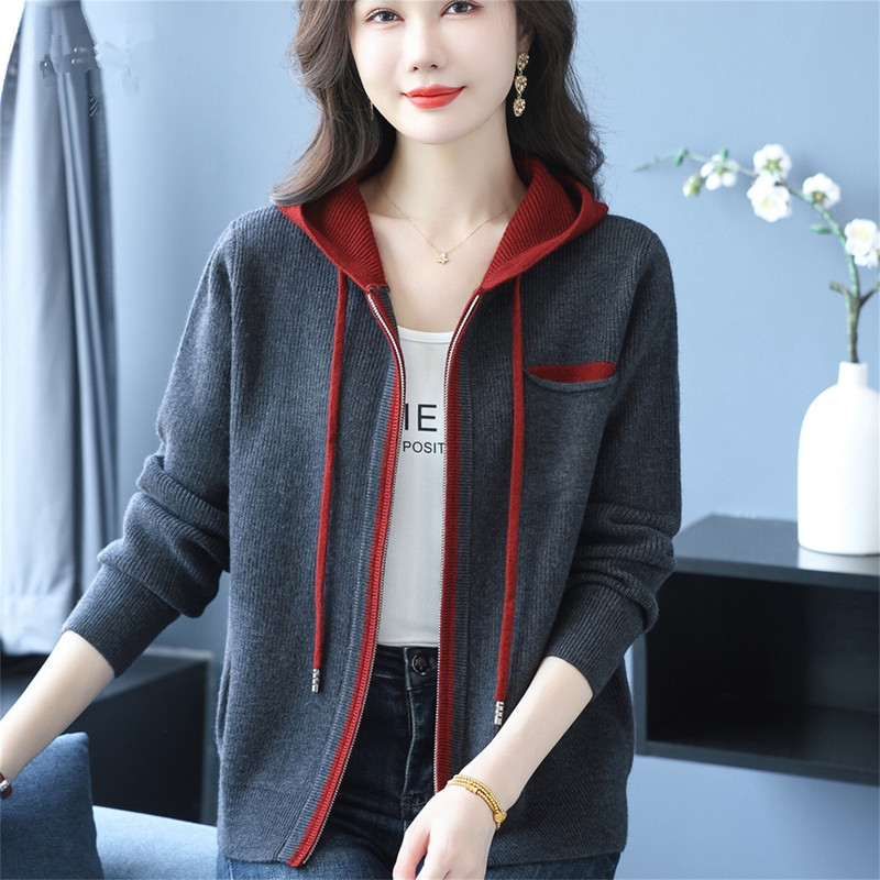 Autumn Hooded Knitted Cardigan for Women, Color-Blocked Zip-Up Sweater, Thick Sweater Coat, Loose Casual Autumn and Winter Hooded Top for Women Autumn Hooded Knitted Cardigan for Women, Color-Blocked Zip-Up Sweater, Thick Sweater Coat, Loose Casual Autumn and Winter Hooded Top for Women