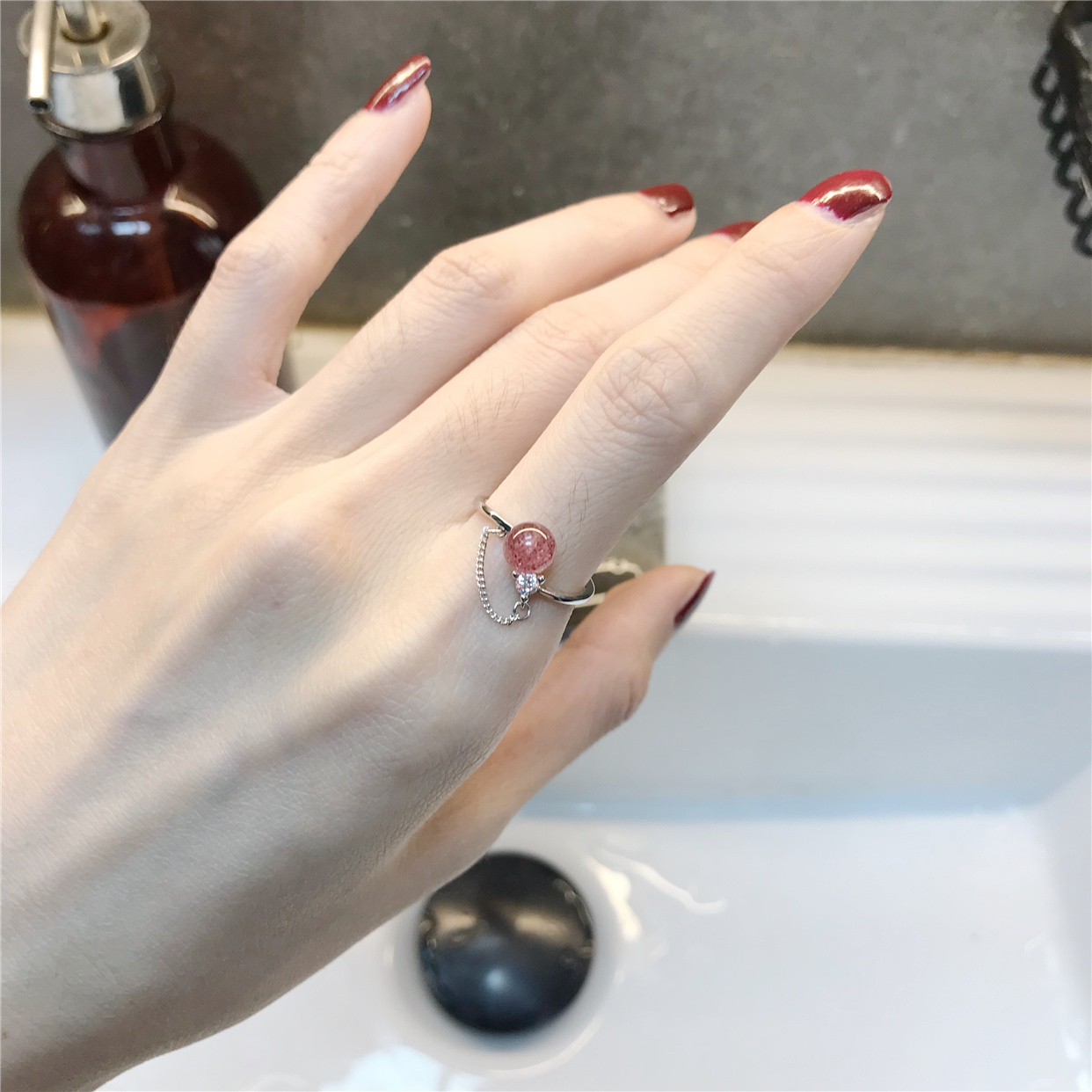 Peach Blossom Transfer Powder Crystal Strawberry Crystal Single Pure Silver Ring Female Fashion Personality Opening Adjustable Advanced Sensation