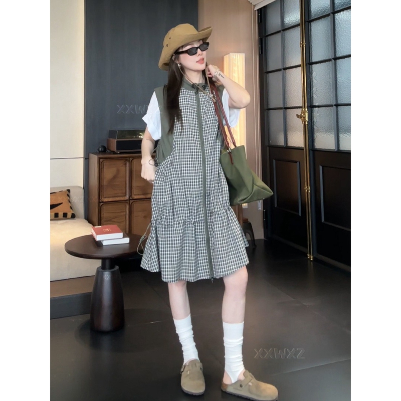 South Korea's Dongdaemun New Summer Collection Sydney Opera House French Plaid Design High-End Elegant Sleeveless Dress