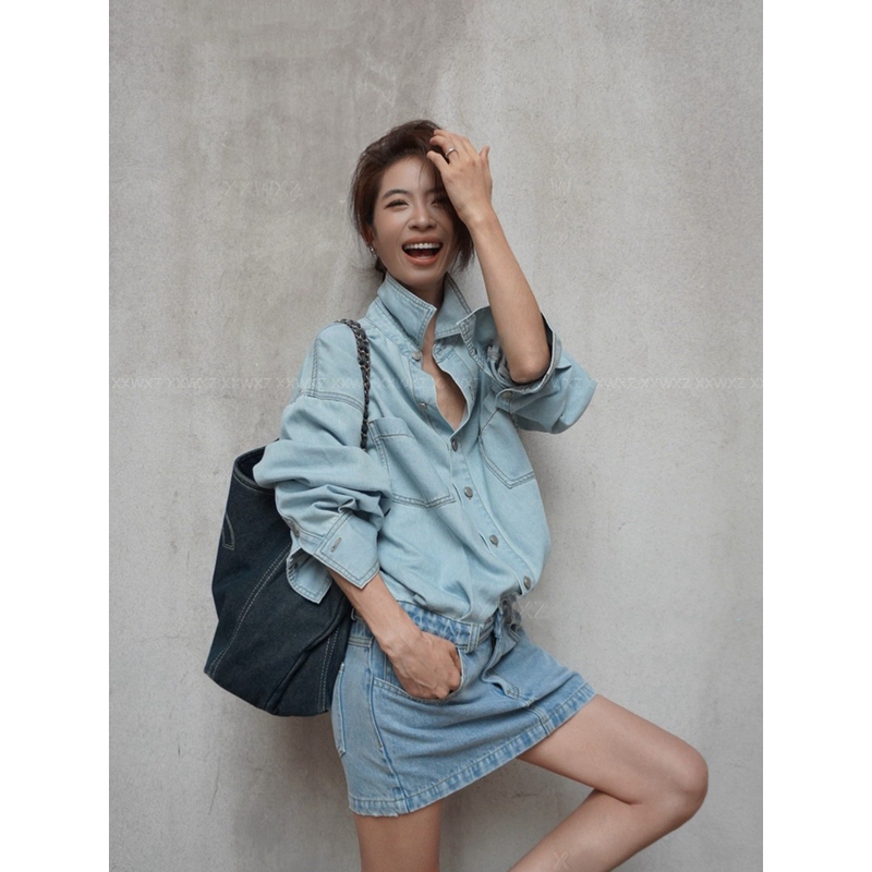 Korean Dongdaemun Early Autumn New Style Commuter Fashion Casual Style Balanced Easy Color-Blocking Denim Jumpsuit Short Skirt Korean Dongdaemun Early Autumn New Style Commuter Fashion Casual Style Balanced Easy Color-Blocking Denim Jumpsuit Short Skirt