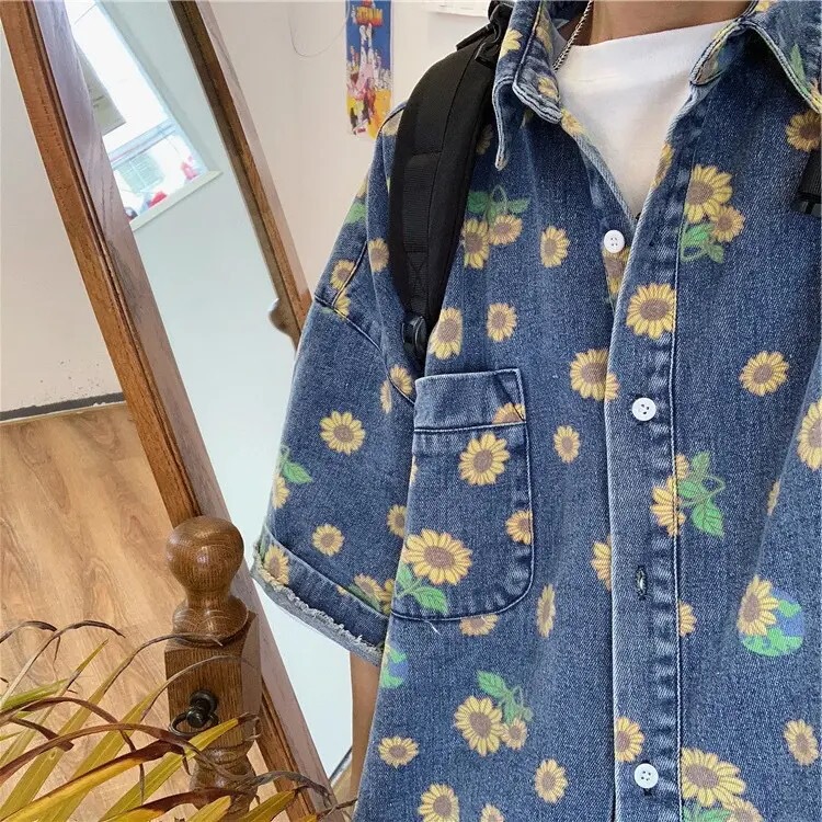 Summer New Style Japanese-Style All-Over Daisy Print Shirt Unisex Short-Sleeved Casual Loose Retro Distressed Couple Denim Jacket