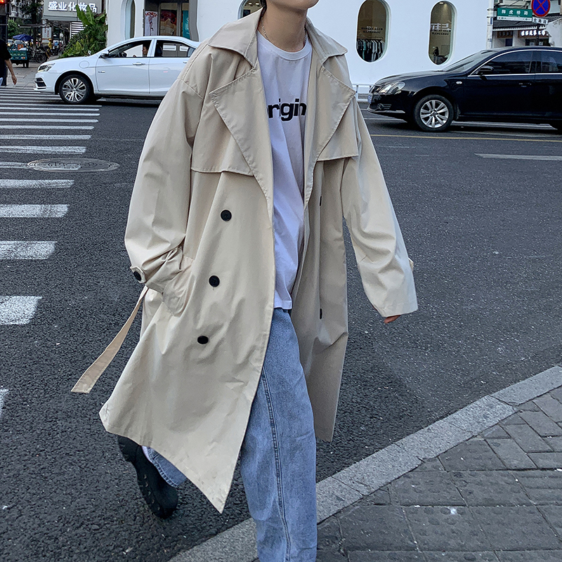 Men's Mid-Length Trench Coat, Korean Style, Trendy, Loose, Double-Breasted Coat, British Style, Handsome, Spring and Autumn Workwear, Cool Jacket