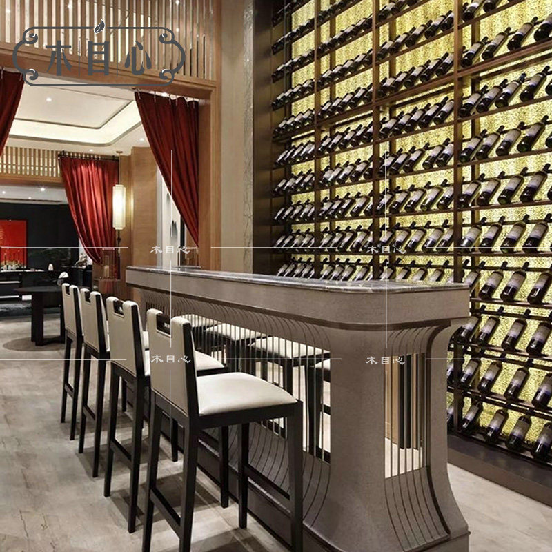 New Chinese Solid Wood Bar Chair Hotel Club Front Desk High Footstool Modern Cloth Art Casual Bar Table Chairs Bar Stool Furniture