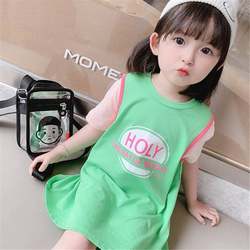 G pure cotton girls short-sleeved T-shirt dress summer 2023 baby Korean version kid 2 mid-length Foreign Style Fake two-piece jumpsuit