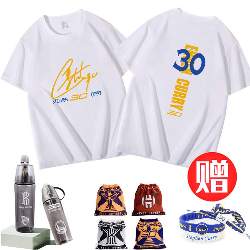 Curry Signature T-Shirt, Same Style as American Basketball Training Uniform, Pure Cotton, Loose Short-Sleeve, Golden State Warriors Crew Neck Sports Summer Wear