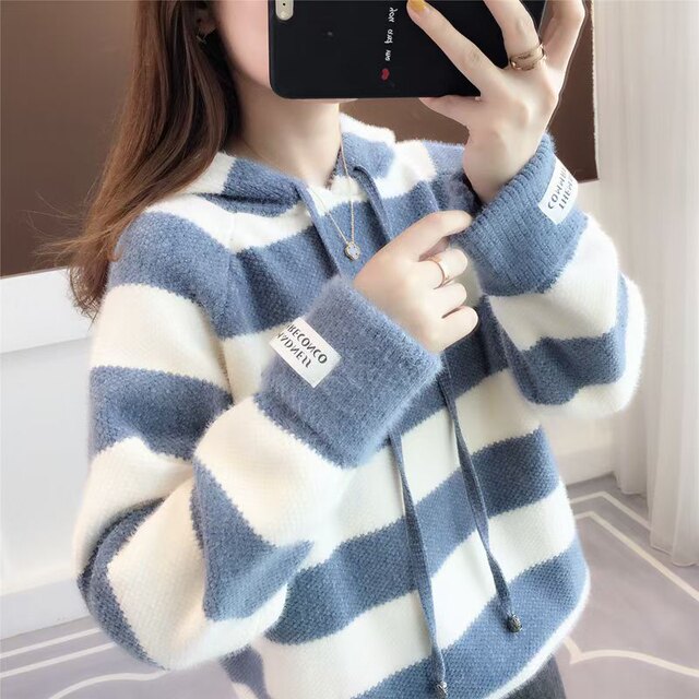 New autumn and winter thickened chenille hooded sweatshirt jacket loose versatile mink velvet sweater girl student knitwear