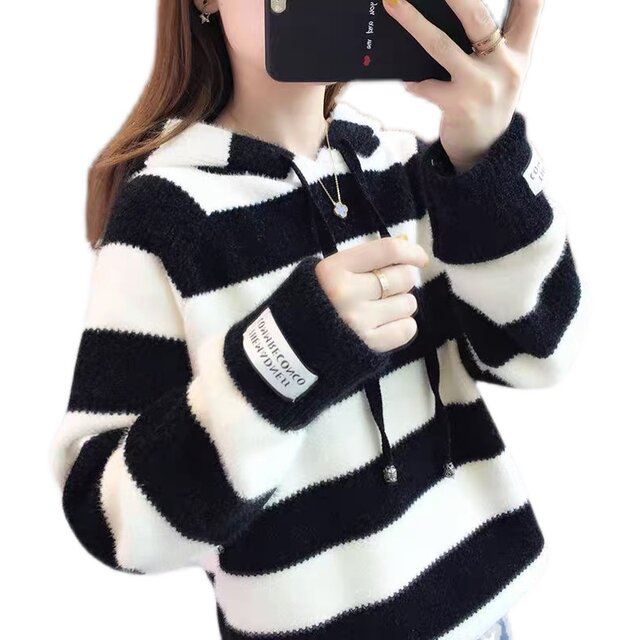 New autumn and winter thickened chenille hooded sweatshirt jacket loose versatile mink velvet sweater girl student knitwear