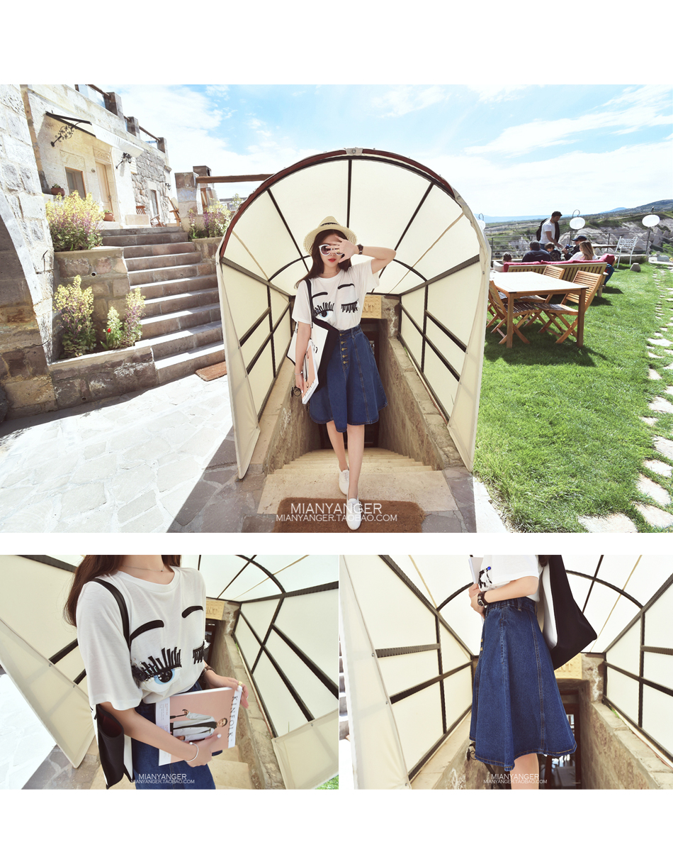 2018 mùa xuân và mùa hè mới Hàn Quốc phiên bản của retro ngọt ngào cao eo denim váy Một từ váy mặt trời váy đu lớn váy triều chân váy jean dài