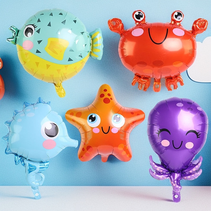 Ocean Animal Q-Version Cute Crab, Starfish, Octopus, Seahorse, Pufferfish Children's Birthday Background Decoration Aluminum Foil Balloons