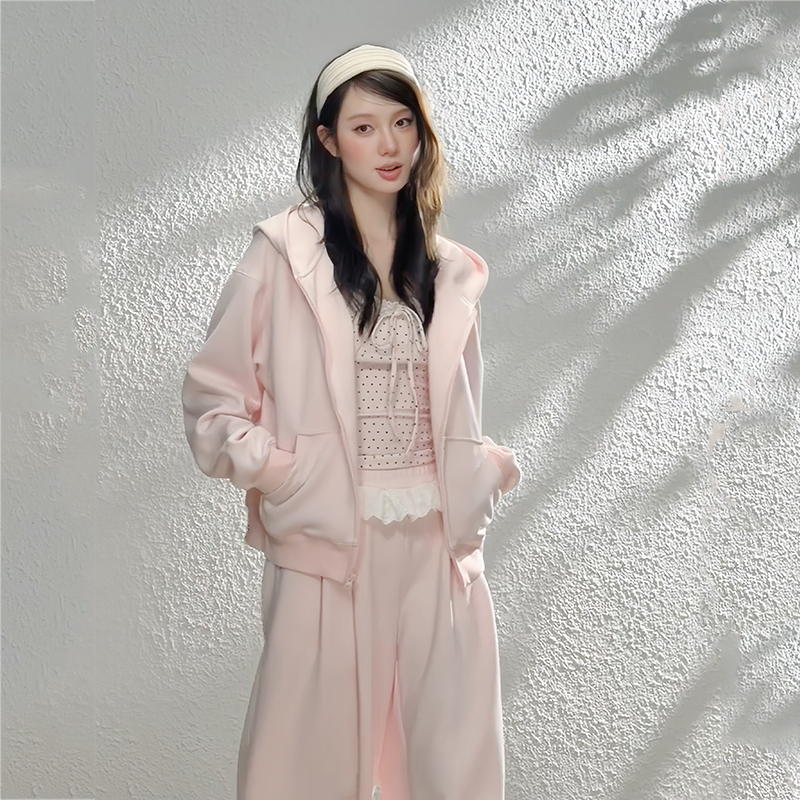 Autumn Sweet Casual College Style Pink Sweatshirt Cardigan Suspender Wide-Leg Pants Suit Women's Autumn High-End Autumn Clothing Autumn Sweet Casual College Style Pink Sweatshirt Cardigan Suspender Wide-Leg Pants Suit Women's Autumn High-End Autumn Clothing