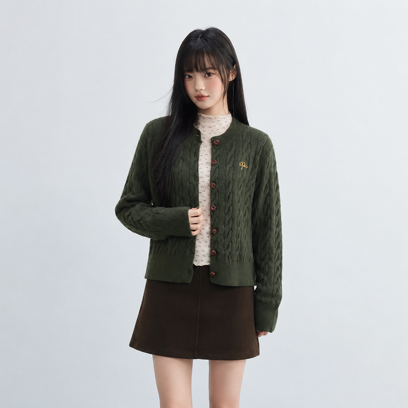 Bzxo Autumn High-End Short Dark Green Knitted Cable Sweater Cardigan Jacket for Women New Korean Style Top
