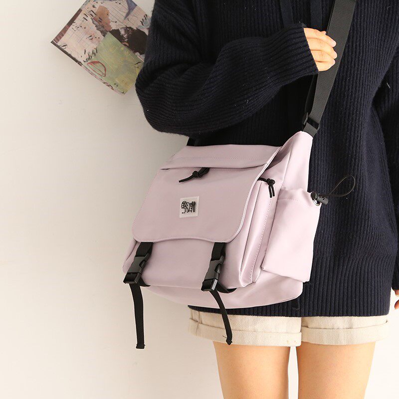 French Mori solid color bag women's messenger bag 2021 new college student tutoring school bag black shoulder bag tide