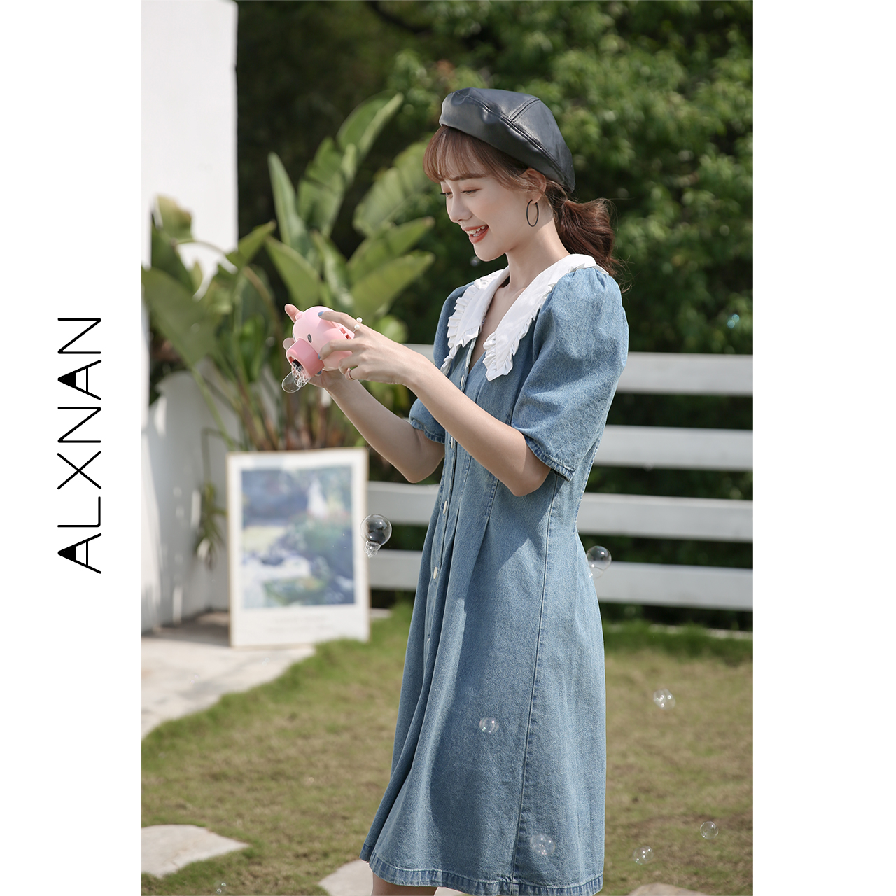 (Deer south)dress women's summer 2021 new terrier orange dress V-neck blue first love skirt French denim skirt