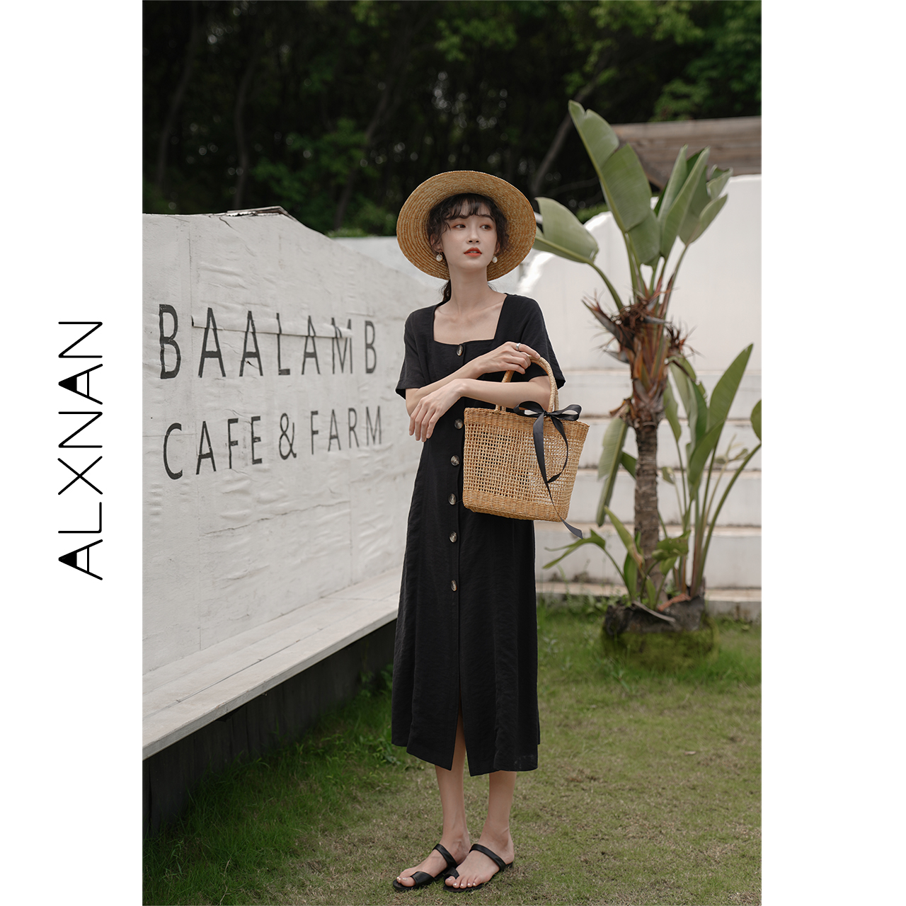 Deer South Black Vintage Women's Spring 2022 New Short Sleeve Long Ocean Dress Square with Balloon Flower Style Women's Dress