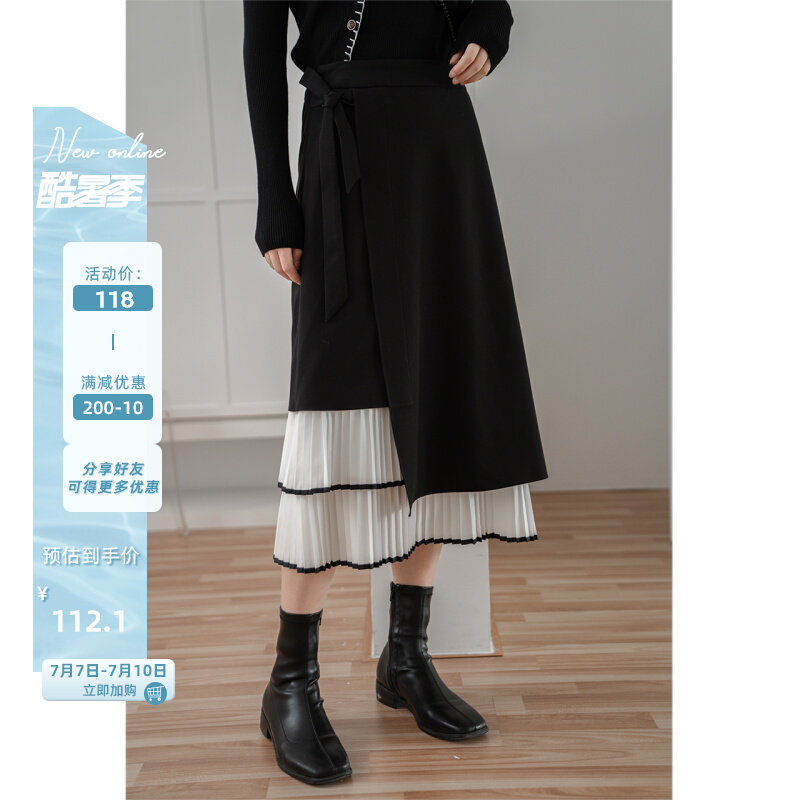 Deer South Black Splicing Irregular Half Body Dress Woman 2022 Spring Autumn New High Waist Display Slim Fit Dresses