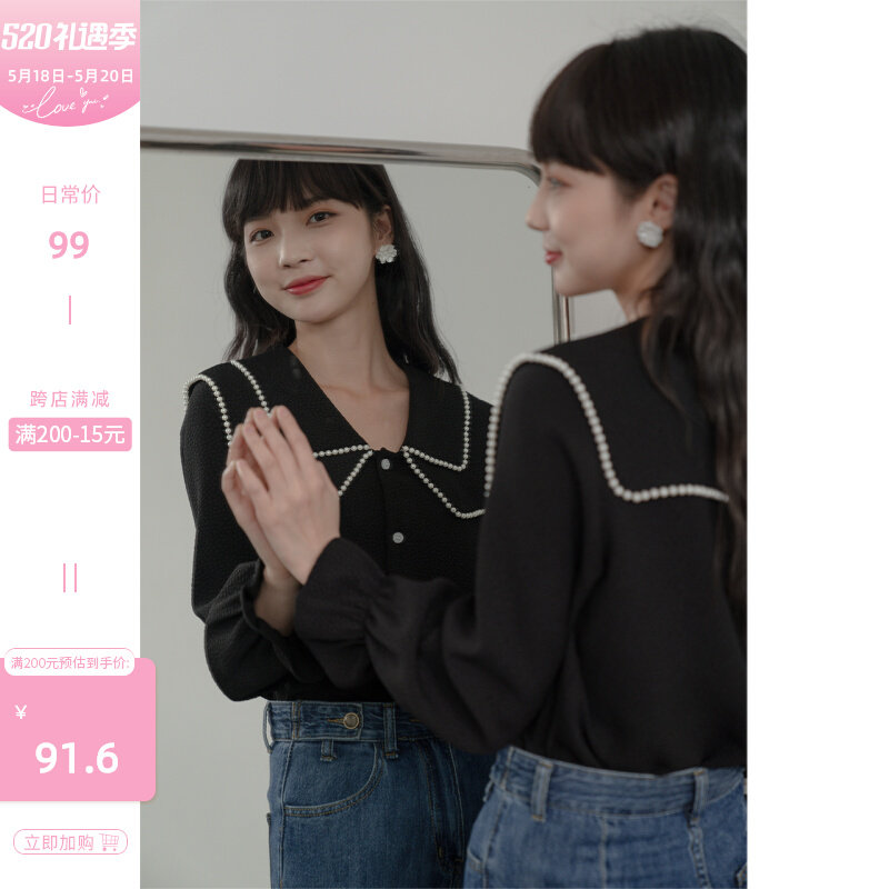 Deer South Black Doll Collar Shirt Woman Design Sensation Little Crowd 2022 Spring Autumn New Bubble Cuff Long Sleeve Blouse