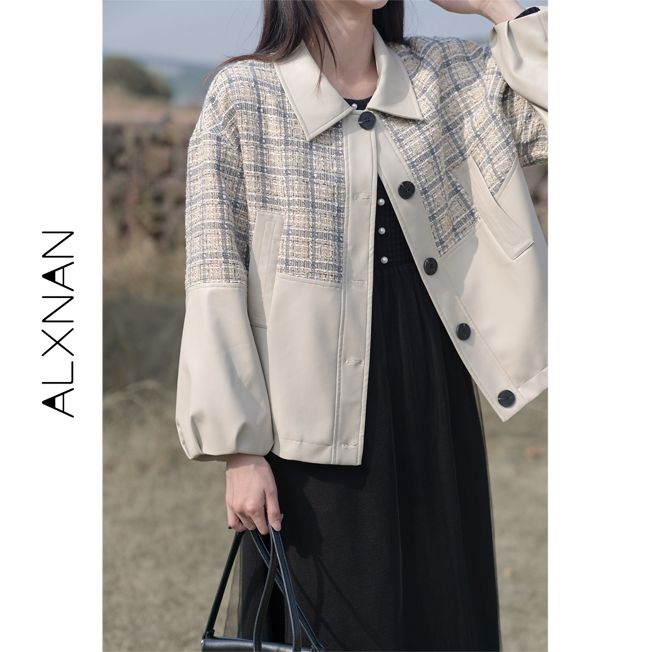 Deer to the south Apricot stitching leather jacket women's 2022 autumn new trend fashion Korean version of the short leather jacket