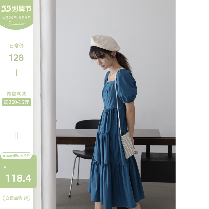 Deer South Blue Square Collar Foreign Dress 2022 New Spring Temperament Women's Fashion Style Retro Korean Version Loose Dress