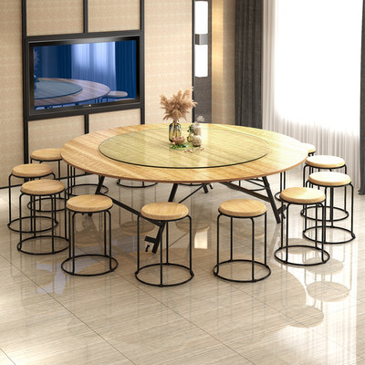 Household folding table simple movable round dining table hotel glass turntable large round table 10 people dining table