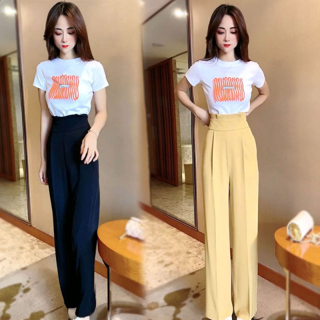 Summer new fashion temperament all-match short-sleeved solid color printed T-shirt + high waist thin suit wide-leg pants suit for women