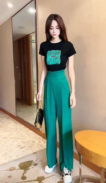 Summer new fashion temperament all-match short-sleeved solid color printed T-shirt + high waist thin suit wide-leg pants suit for women