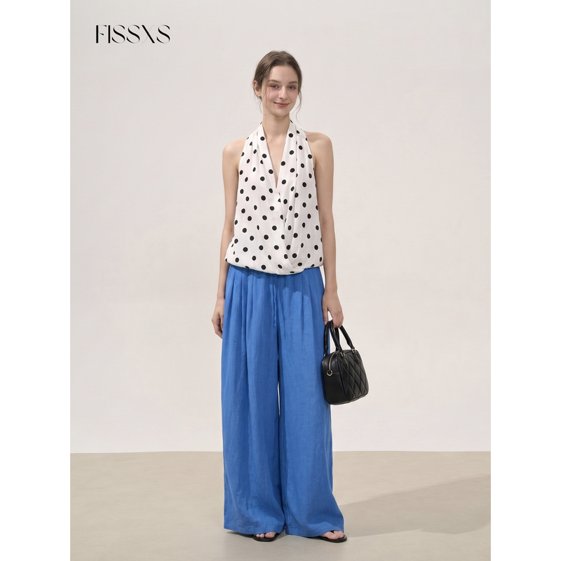 Fissxs Summer Sleeveless Halter Neck Polka Dot Camisole Top Straight-Leg Linen Thin Casual Pants Set for Women