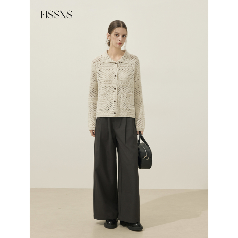 Fissxs Original New Knit Hollow-Out Jacket, Old Money Style, Retro Versatile Lapel Sweater Cardigan for Women