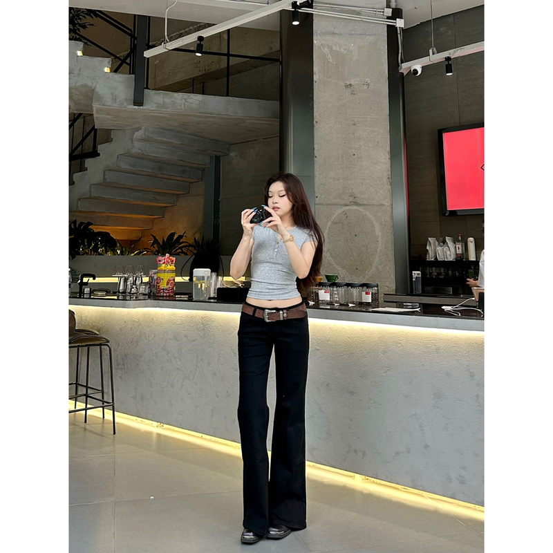 【Same Style as Fangyuan】Original Popchee｜Super Black Cow｜Hot Girl Low-Waisted Wide-Leg Jeans! Slightly Flared