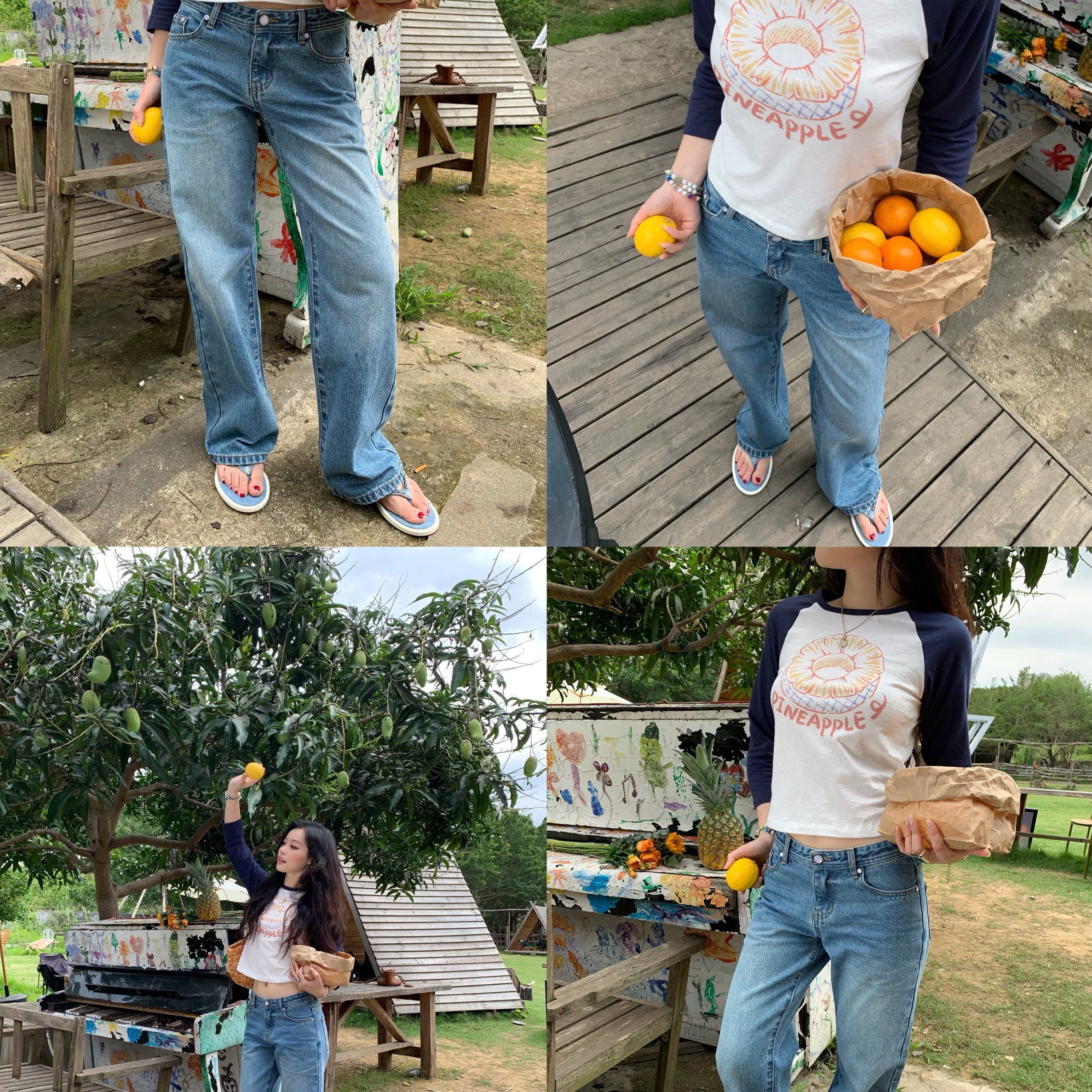 popchee｜Белый нефритовый кошачий глаз｜Голубые широкие джинсы летний бриз - нежные и очень удобные