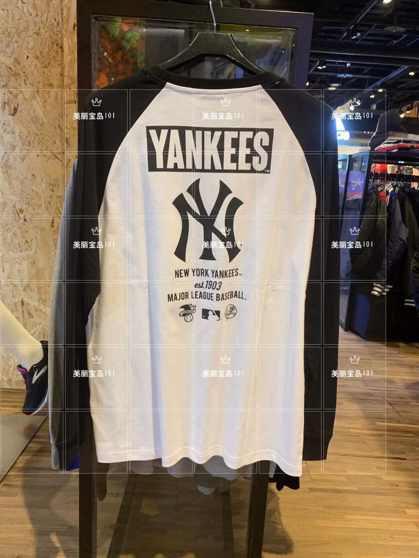 Bộ đồ Đài Loan MLB Yankees mùa thu phong cách mới NY đôi nam nữ và áo thun cổ tròn tay dài cotton hàng đầu - Áo phông dài