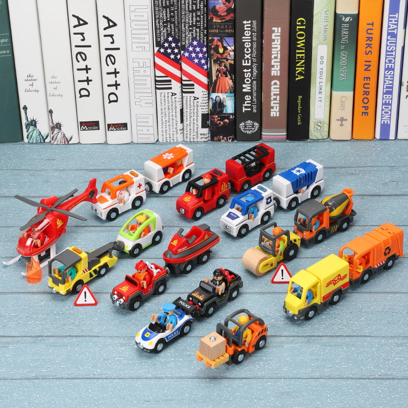 Hand push sound and light ambulance police car fire truck scene car compatible with wooden rice rabbit train track toys