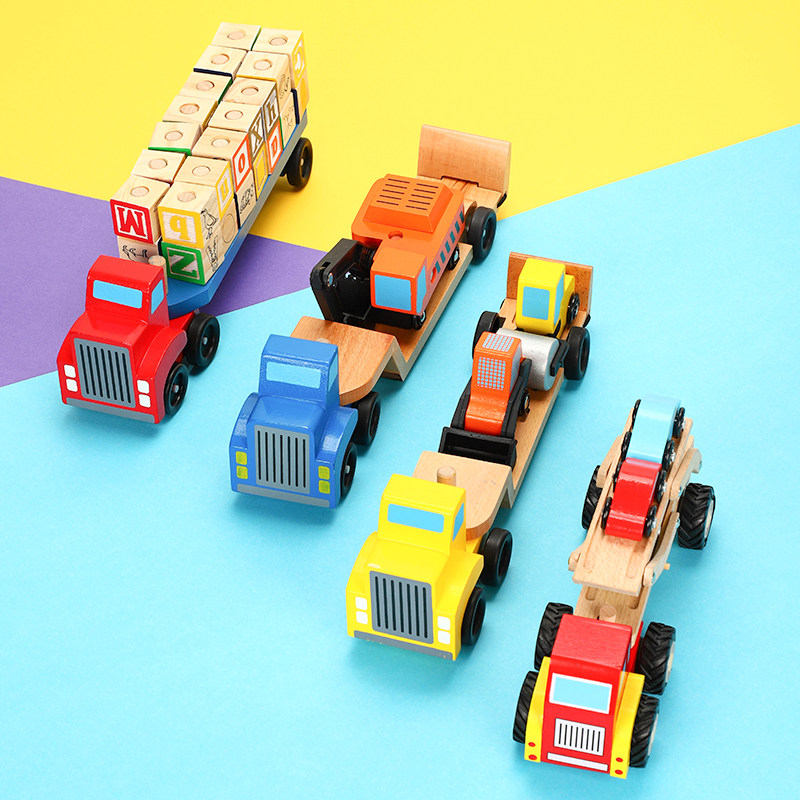 Children's wood removable and diverse simulation model Car parable assembled double deck transporter engineering car card-Taobao