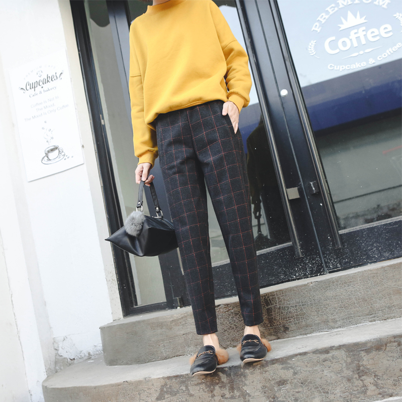 Quần kẻ sọc size lớn Quần len nữ 2018 mới mùa thu và mùa đông chất béo mm lỏng lẻo phiên bản Hàn Quốc của quần harem retro Anh shop thời trang nữ