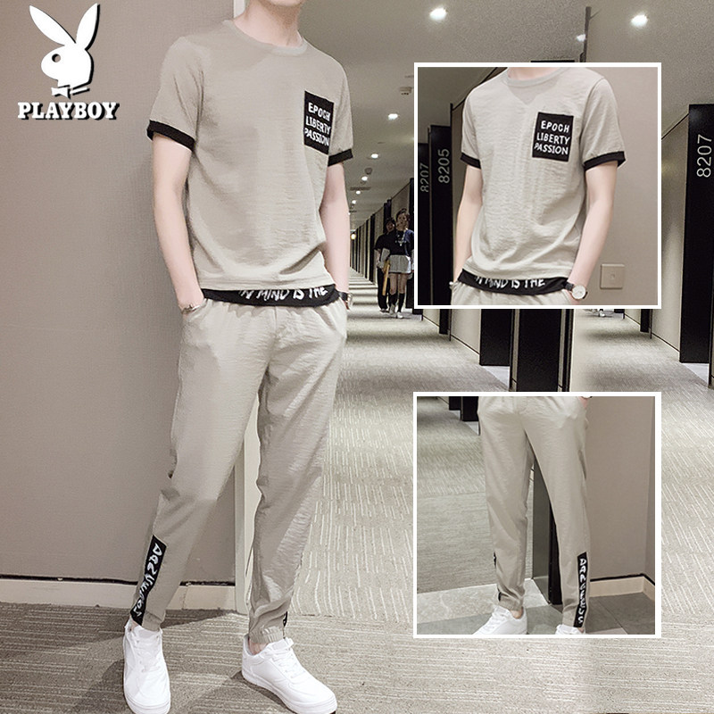 Playboy short-sleeved t-shirt men's ice silk suit summer trend handsome sports casual wear tide brand two-piece suit