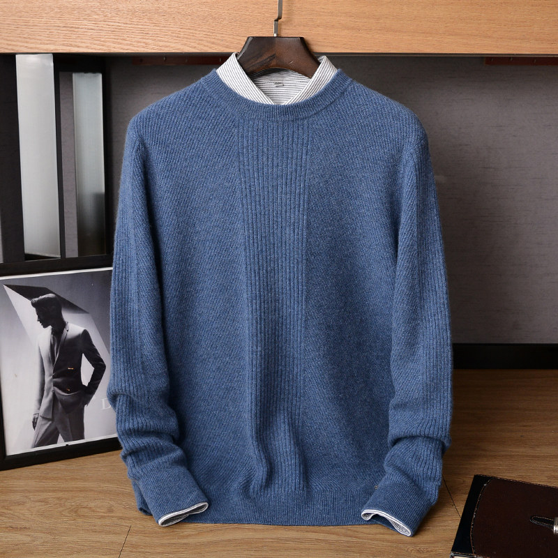 Round oblique autumn and winter new cashmere sweater men's round neck thickened solid color sweater youth loose casual base pullover knitting
