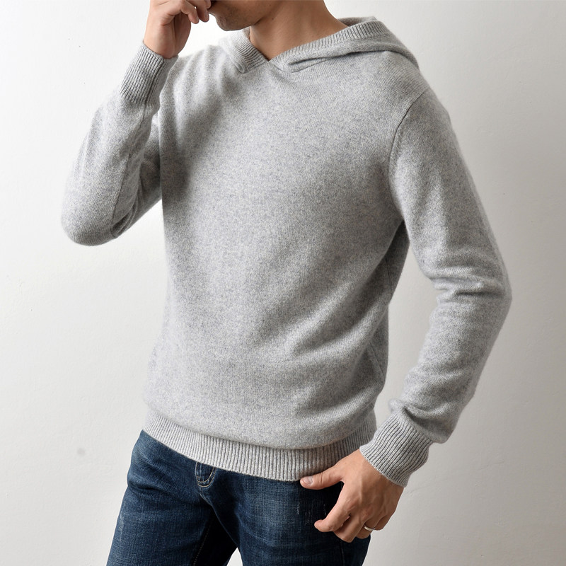 2020 Autumn and winter men's pure cashmere sweater thickened hooded sports wind casual knitted sweater youth hooded morning run