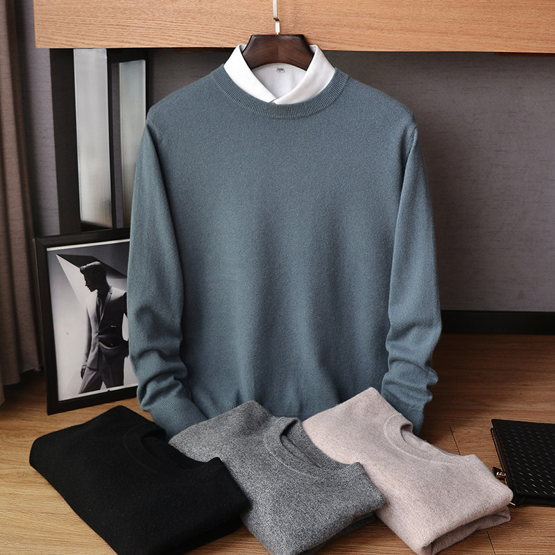 2020 autumn and winter new 100% cashmere sweater men's classic solid color round neck pullover sweater long sleeve base shirt