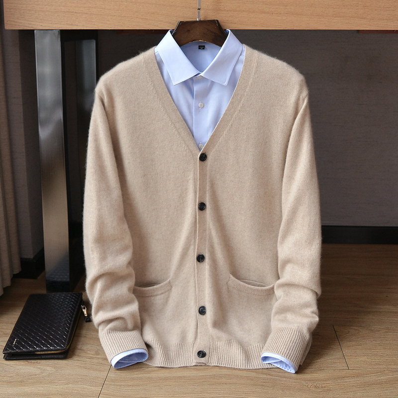 Autumn and Winter 100% Pure Cashmere Cardigan Men's Thin V-Neck Buttoned Knit Sweater Jacket Business Casual Warm Sweater
