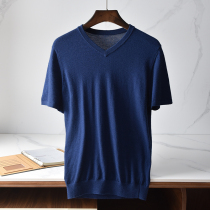 2021 Spring and Autumn New 100% cashmere T-shirt men V collar pullover solid color knitted half sleeve worsted pure cashmere sweater