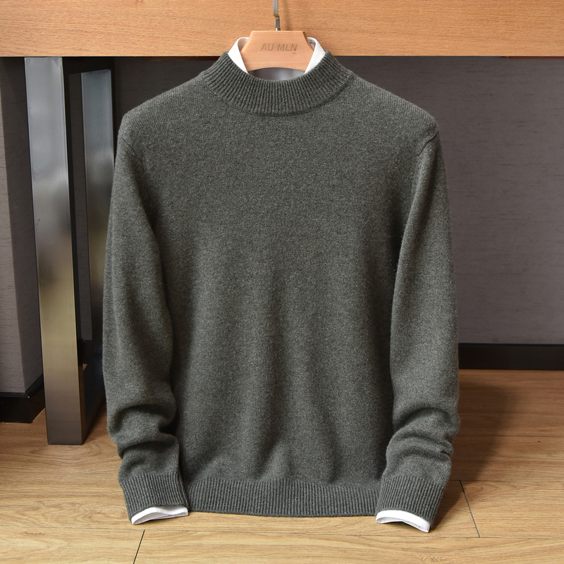 Autumn and Winter Half-Turtleneck 100% Pure Cashmere Sweater for Men, Thick Knitted Sweater, V-Neck, Warm Base Layer for Young and Middle-Aged People