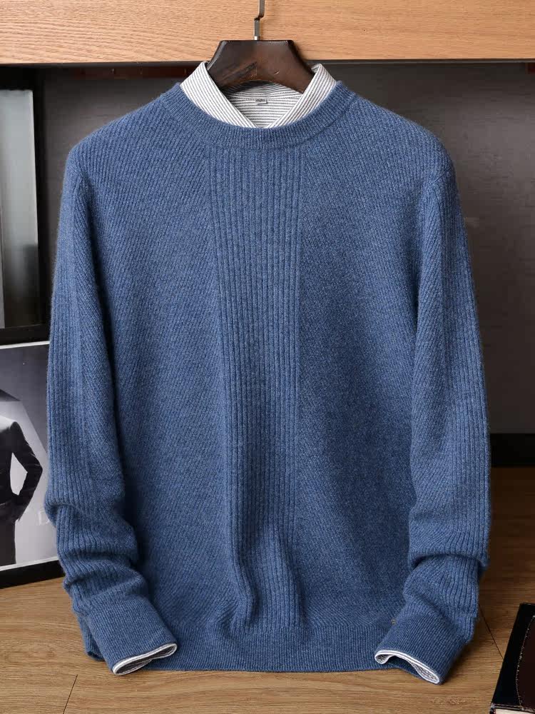 Round oblique autumn and winter new cashmere sweater men's round neck thickened solid color sweater youth loose casual base pullover knitting