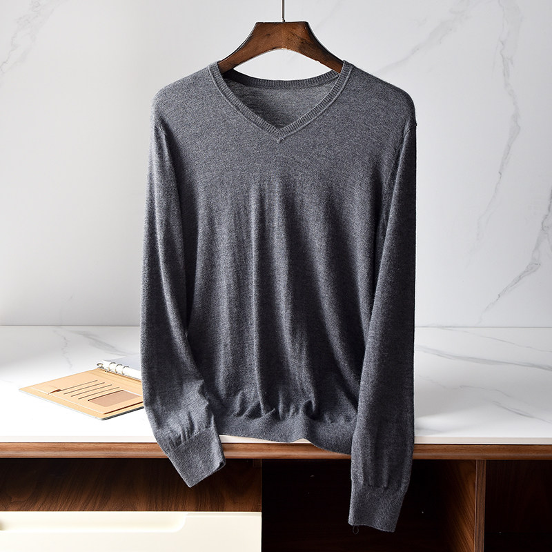 2022 autumn and winter new 100% cashmere sweater men's V-neck solid color pullover sweater worsted cashmere bottoming shirt