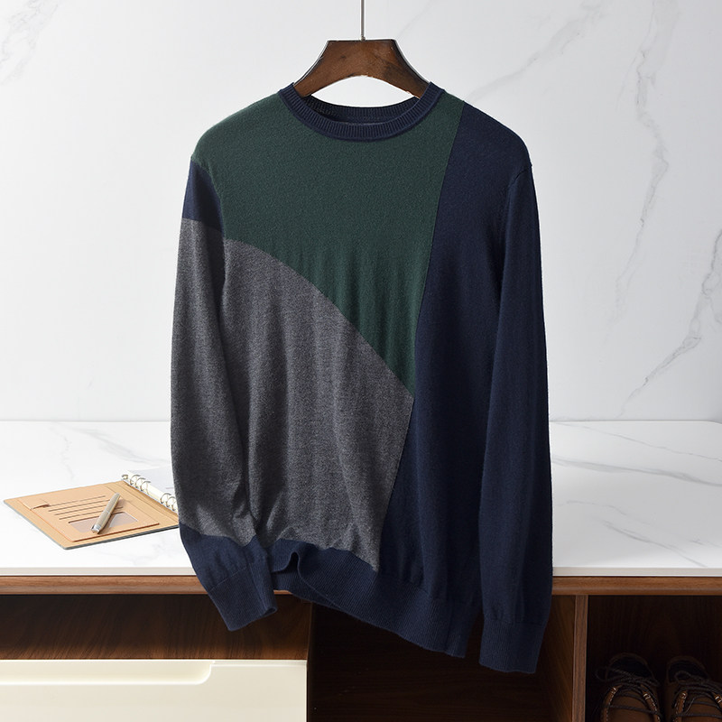 2022 autumn and winter new 100% cashmere sweater men's round neck contrast color casual top worsted pure cashmere base