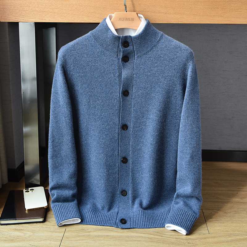 Autumn and Winter 100% Pure Cashmere Cardigan for Men, Thickened Stand-Up Collar Buttoned Sweater Jacket, Solid Color Knitted Jacket for Young and Middle-Aged Men