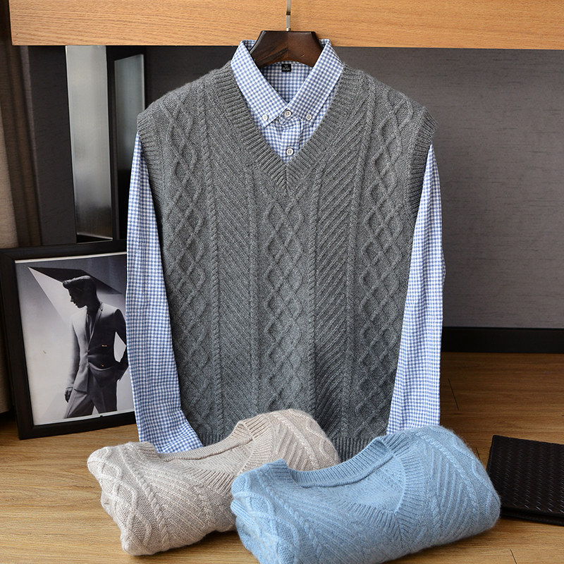 2022 autumn and winter new 100% cashmere vest men's heavy thickened V-neck sleeveless knitted sweater pure cashmere vest