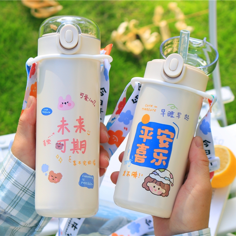 Cute straw thermos mug ladies high-value student net celebrity water cup portable creative cute girl heart ins cup